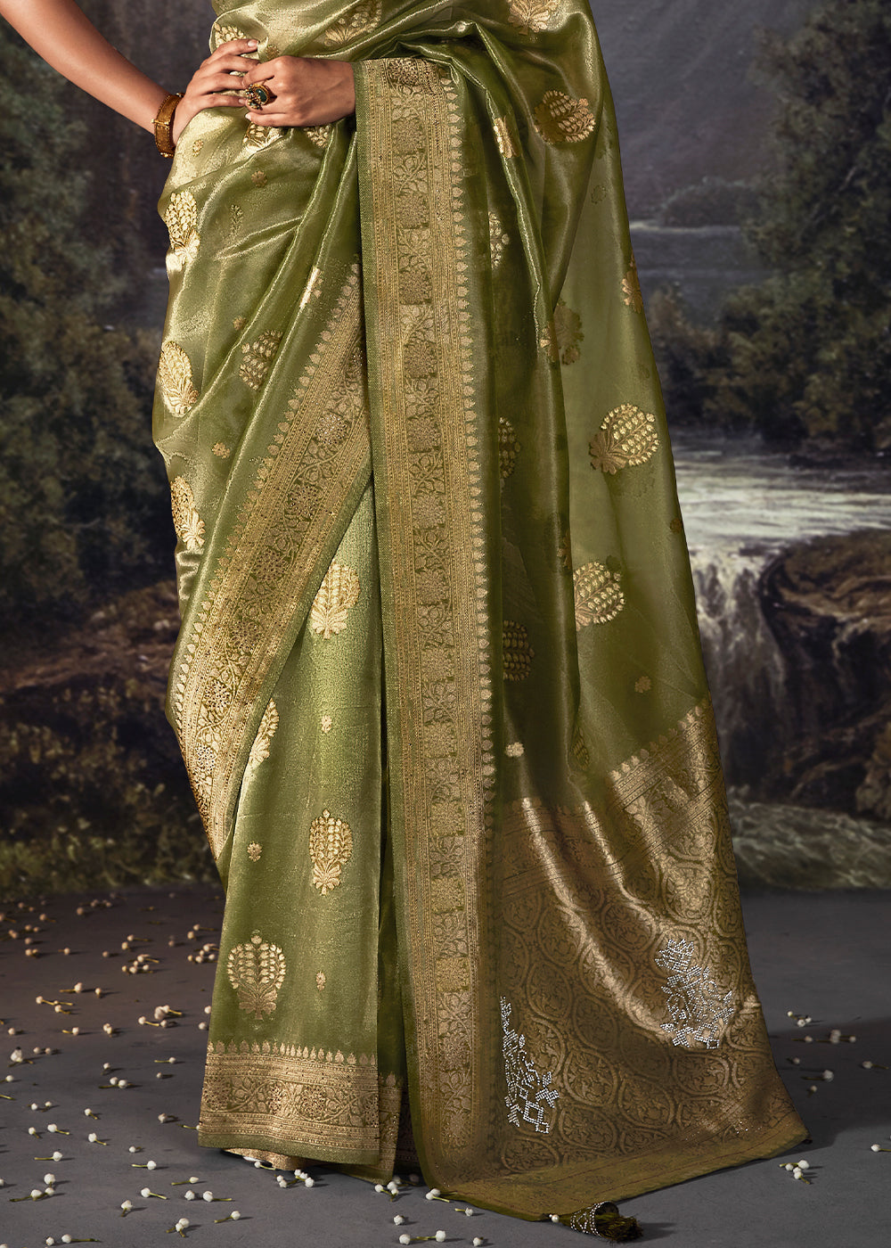 Olive Green Zari Embellished Banarasi Organza Silk Saree