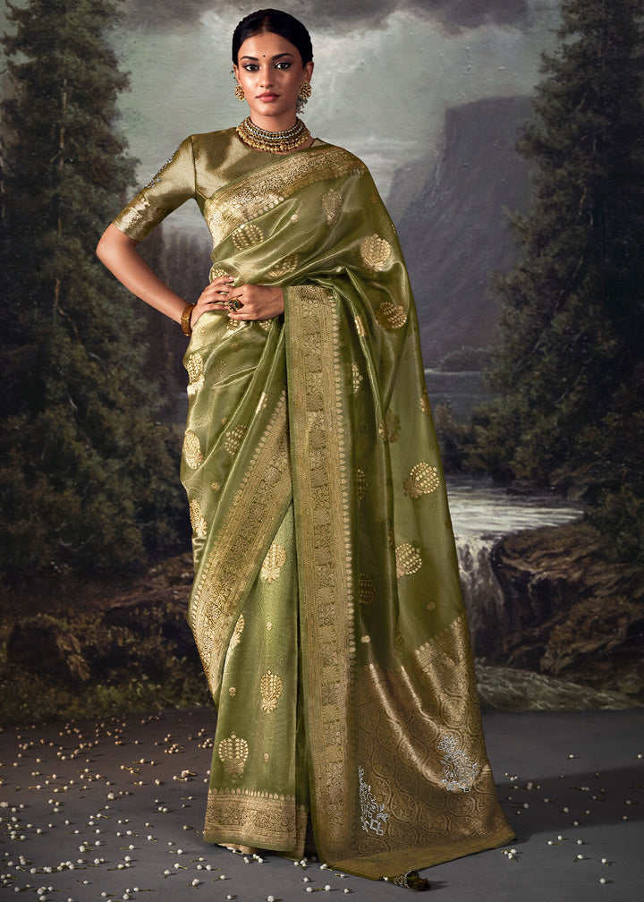 Olive Green Zari Embellished Banarasi Organza Silk Saree