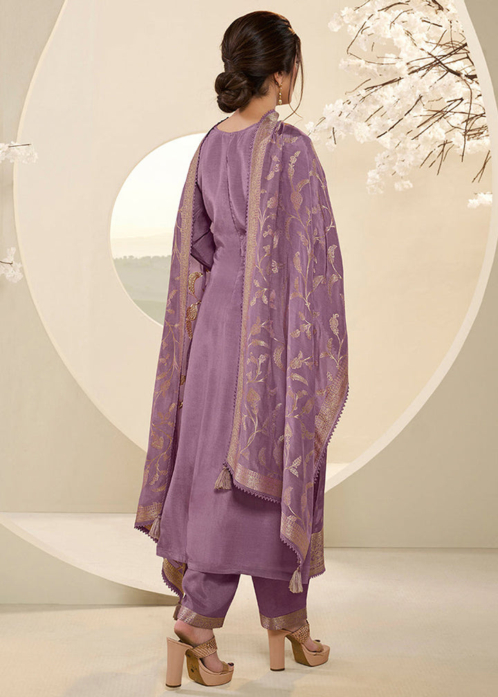 Wisteria Purple Jacquard Muslin Suit with Buttis & Handwork