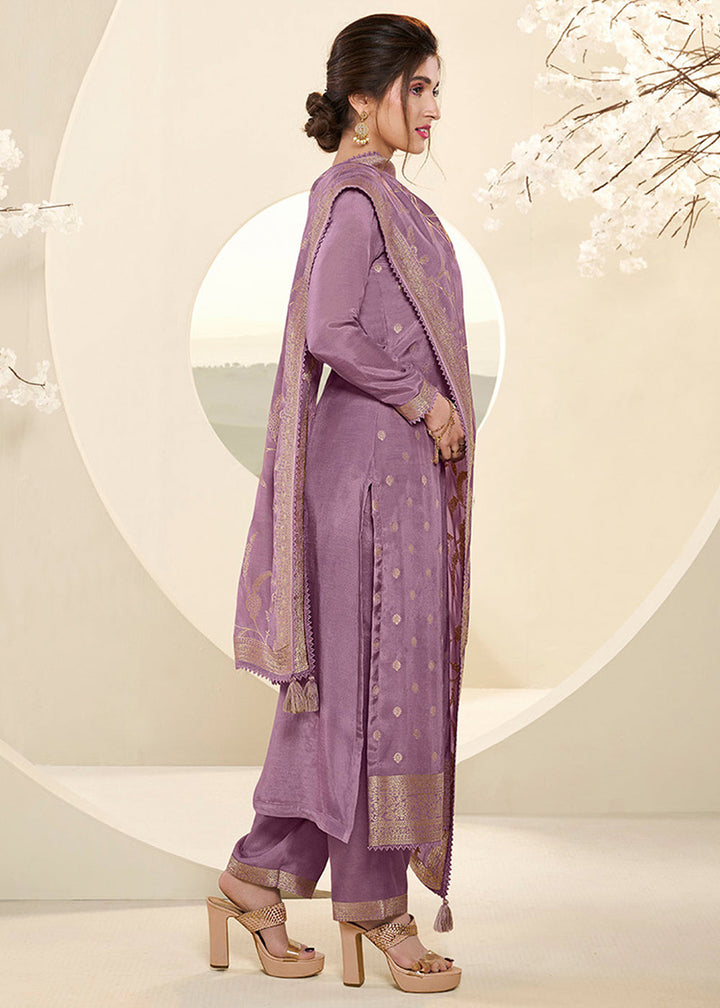 Wisteria Purple Jacquard Muslin Suit with Buttis & Handwork