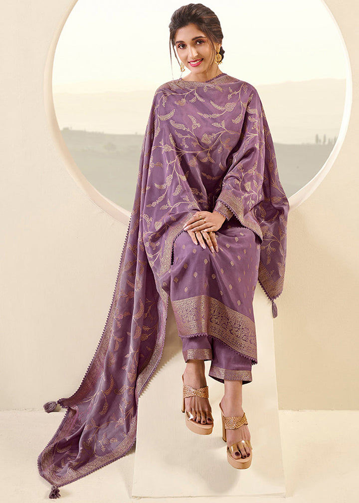 Wisteria Purple Jacquard Muslin Suit with Buttis & Handwork