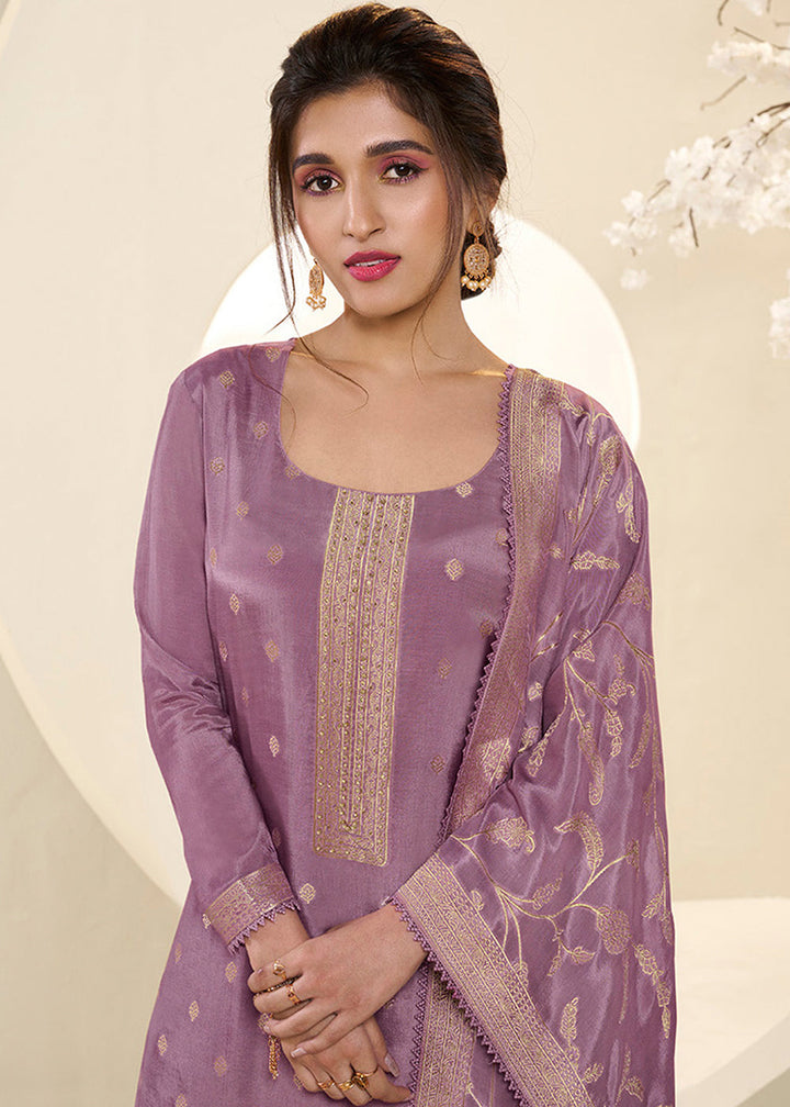 Wisteria Purple Jacquard Muslin Suit with Buttis & Handwork