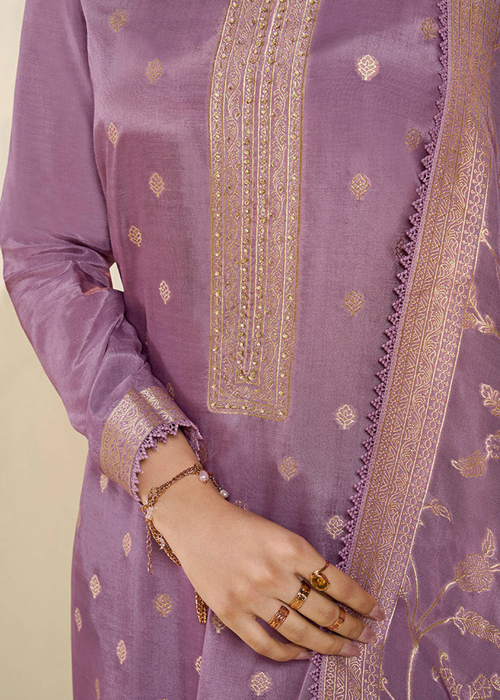 Wisteria Purple Jacquard Muslin Suit with Buttis & Handwork