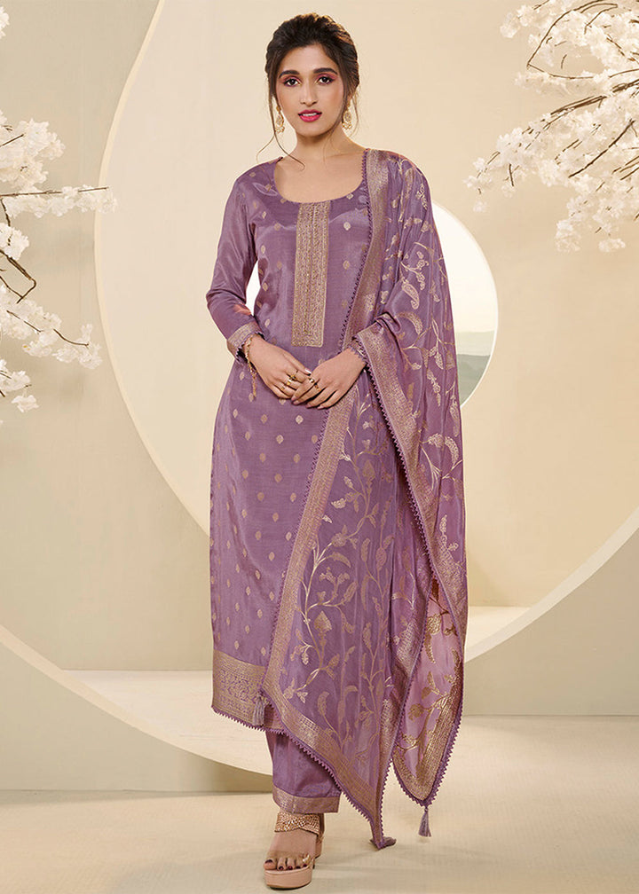 Wisteria Purple Jacquard Muslin Suit with Buttis & Handwork