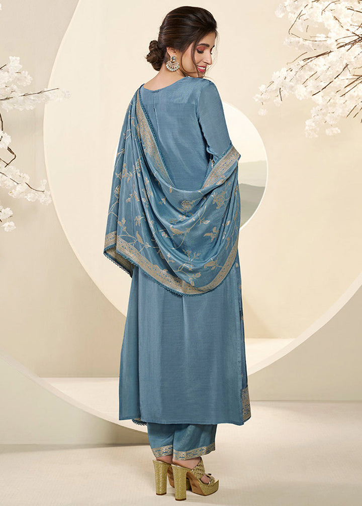 Uranian Blue Jacquard Muslin Suit with Buttis & Handwork