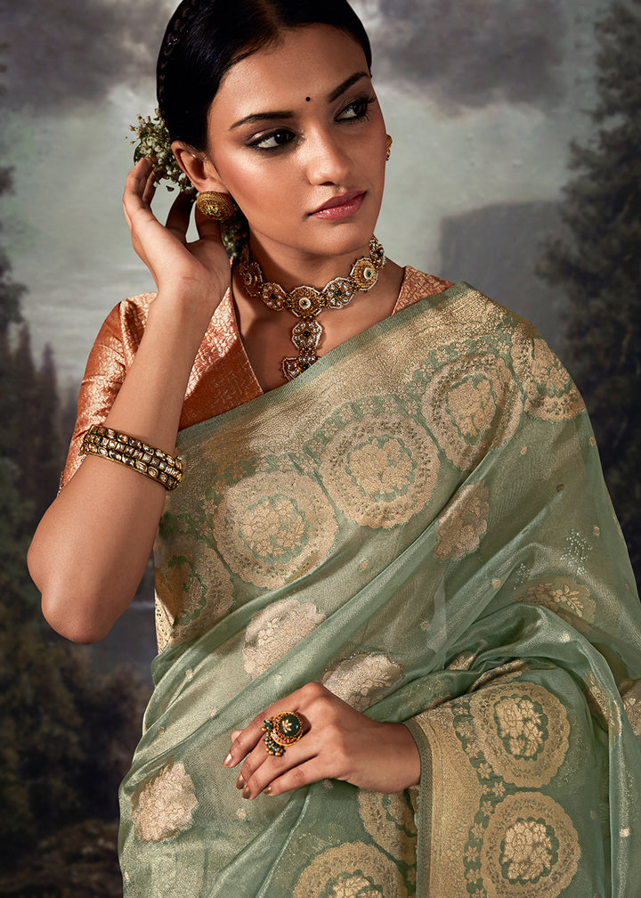 Pistachio Green Zari Embellished Banarasi Organza Silk Saree