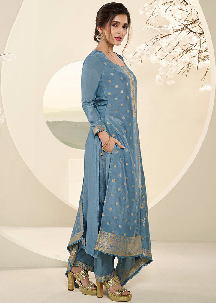 Uranian Blue Jacquard Muslin Suit with Buttis & Handwork