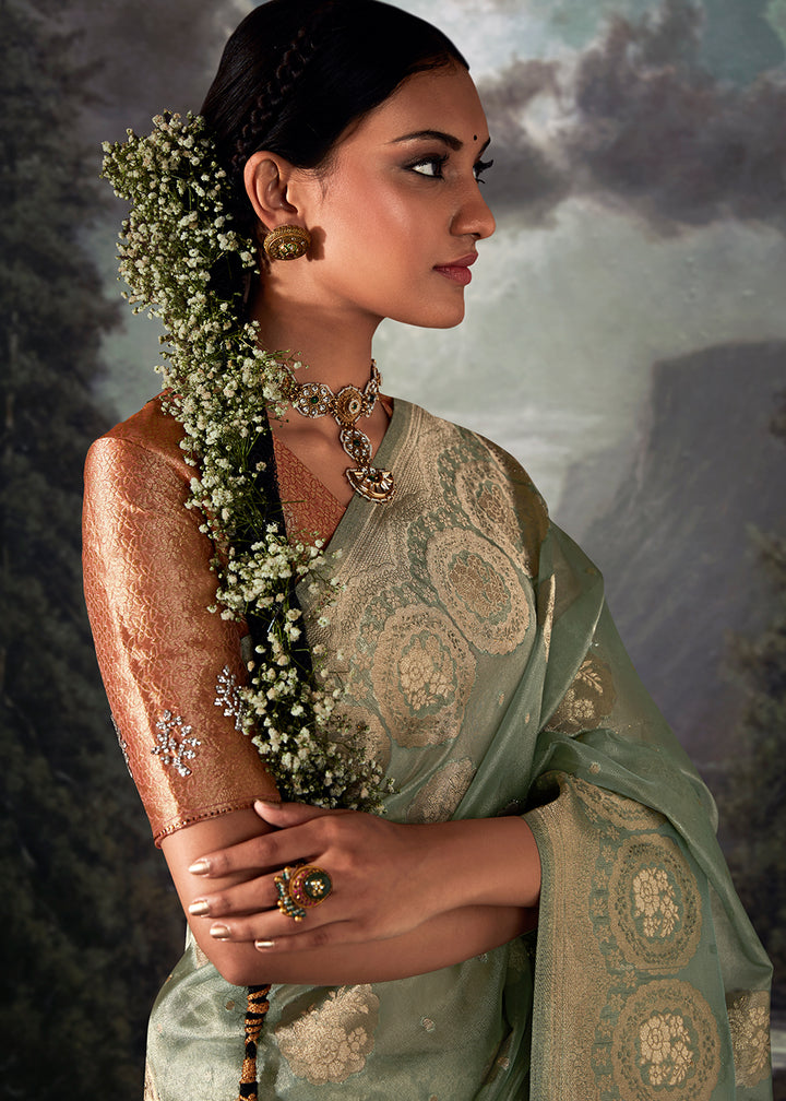 Pistachio Green Zari Embellished Banarasi Organza Silk Saree