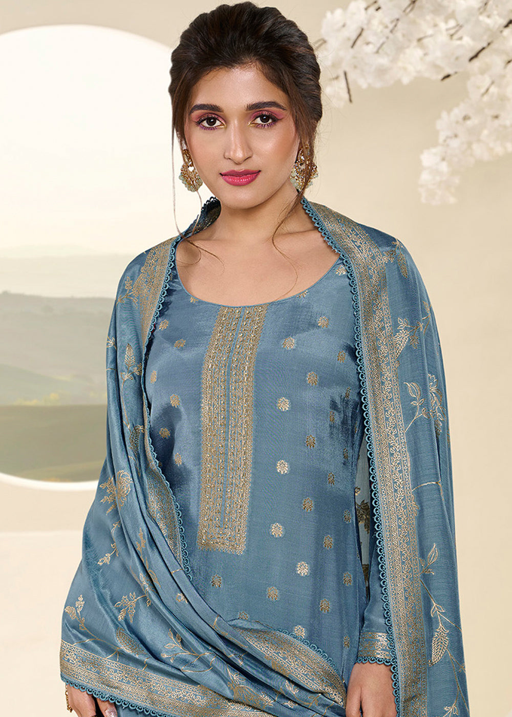 Uranian Blue Jacquard Muslin Suit with Buttis & Handwork