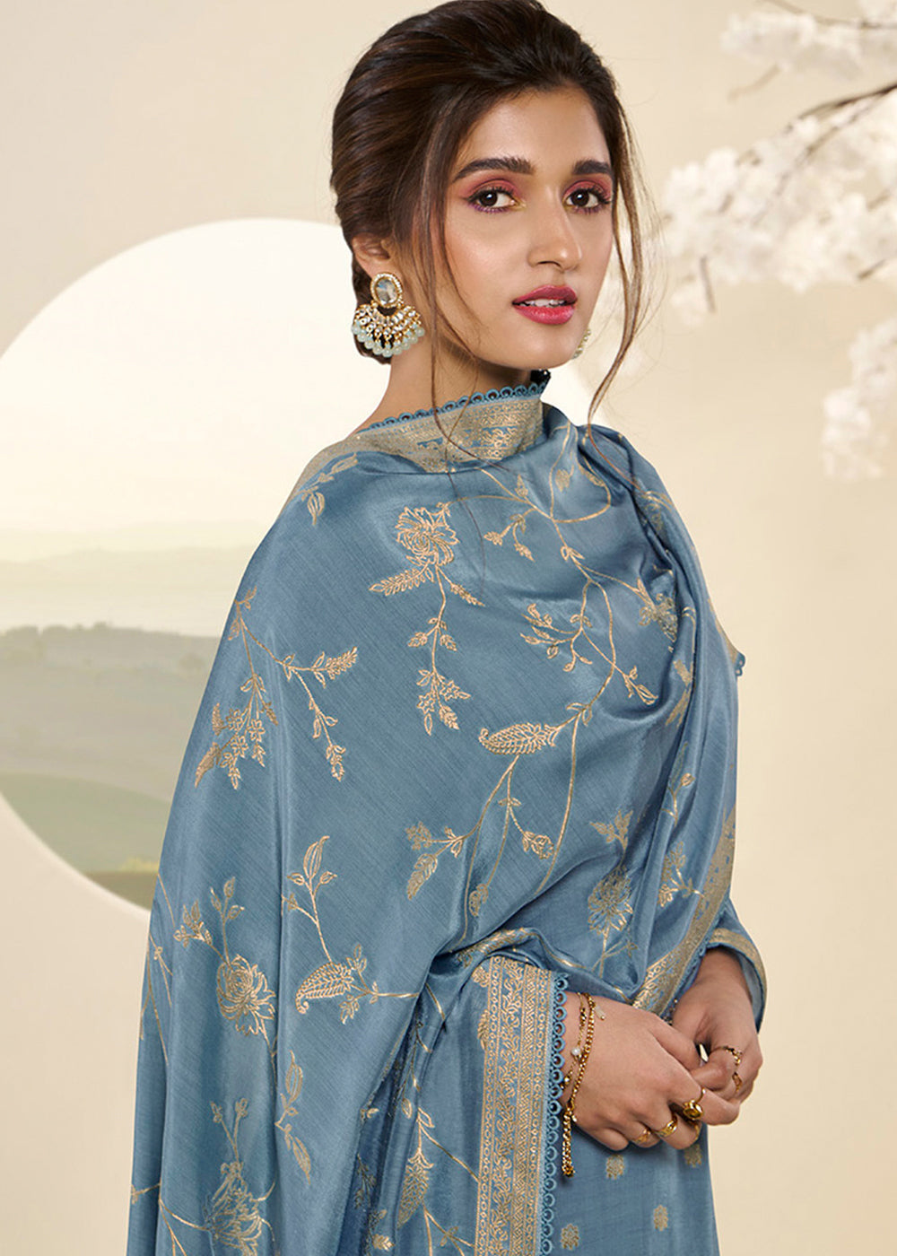 Uranian Blue Jacquard Muslin Suit with Buttis & Handwork