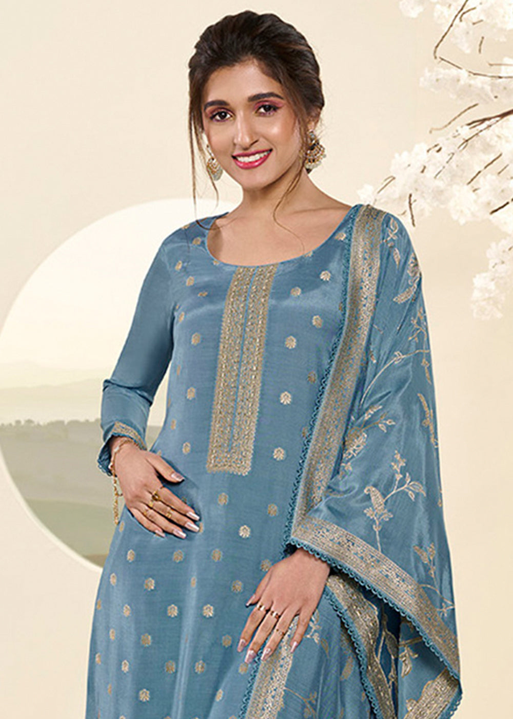 Uranian Blue Jacquard Muslin Suit with Buttis & Handwork