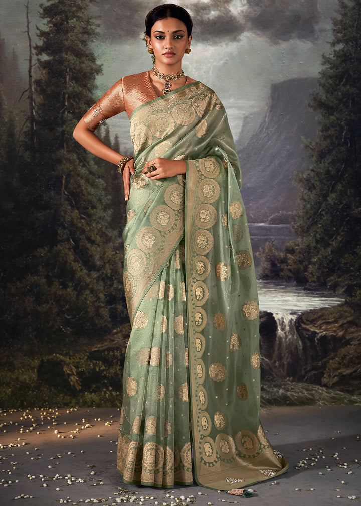 Pistachio Green Zari Embellished Banarasi Organza Silk Saree