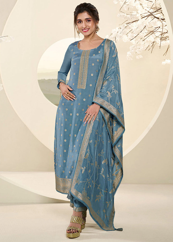 Uranian Blue Jacquard Muslin Suit with Buttis & Handwork