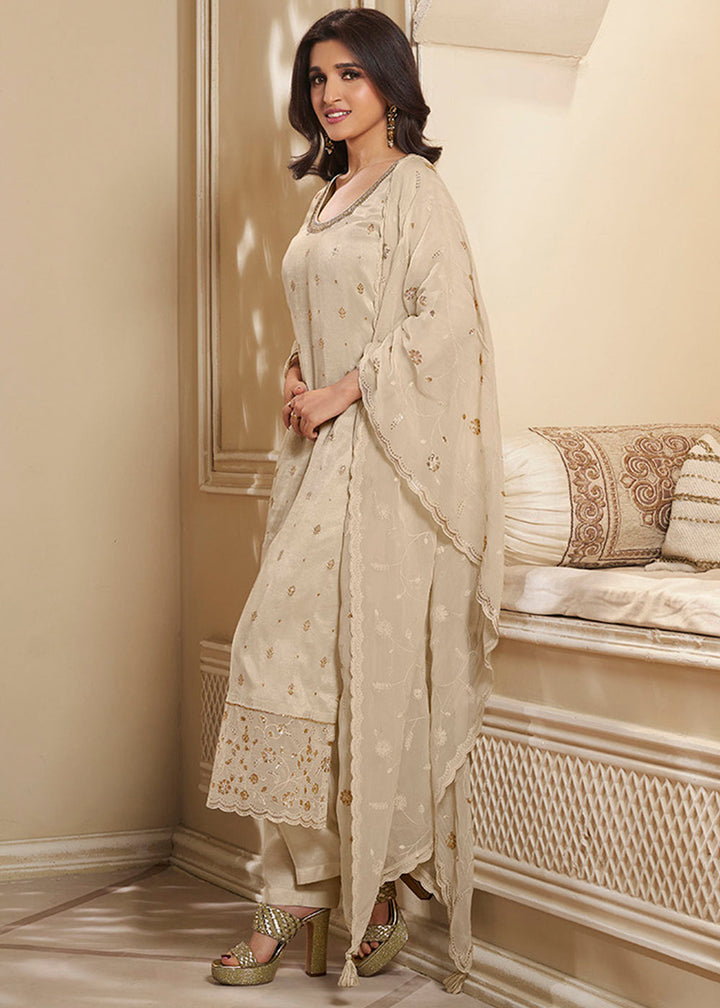 Off White Jacquard Dola Silk Suit Embellished with Embroidered Neckline