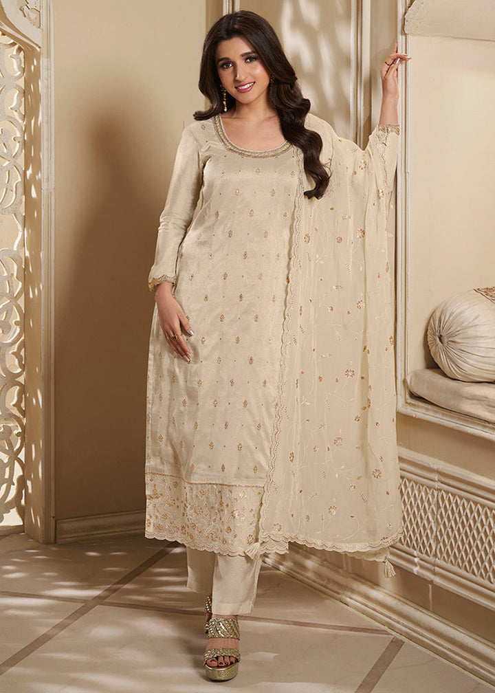 Off White Jacquard Dola Silk Suit Embellished with Embroidered Neckline