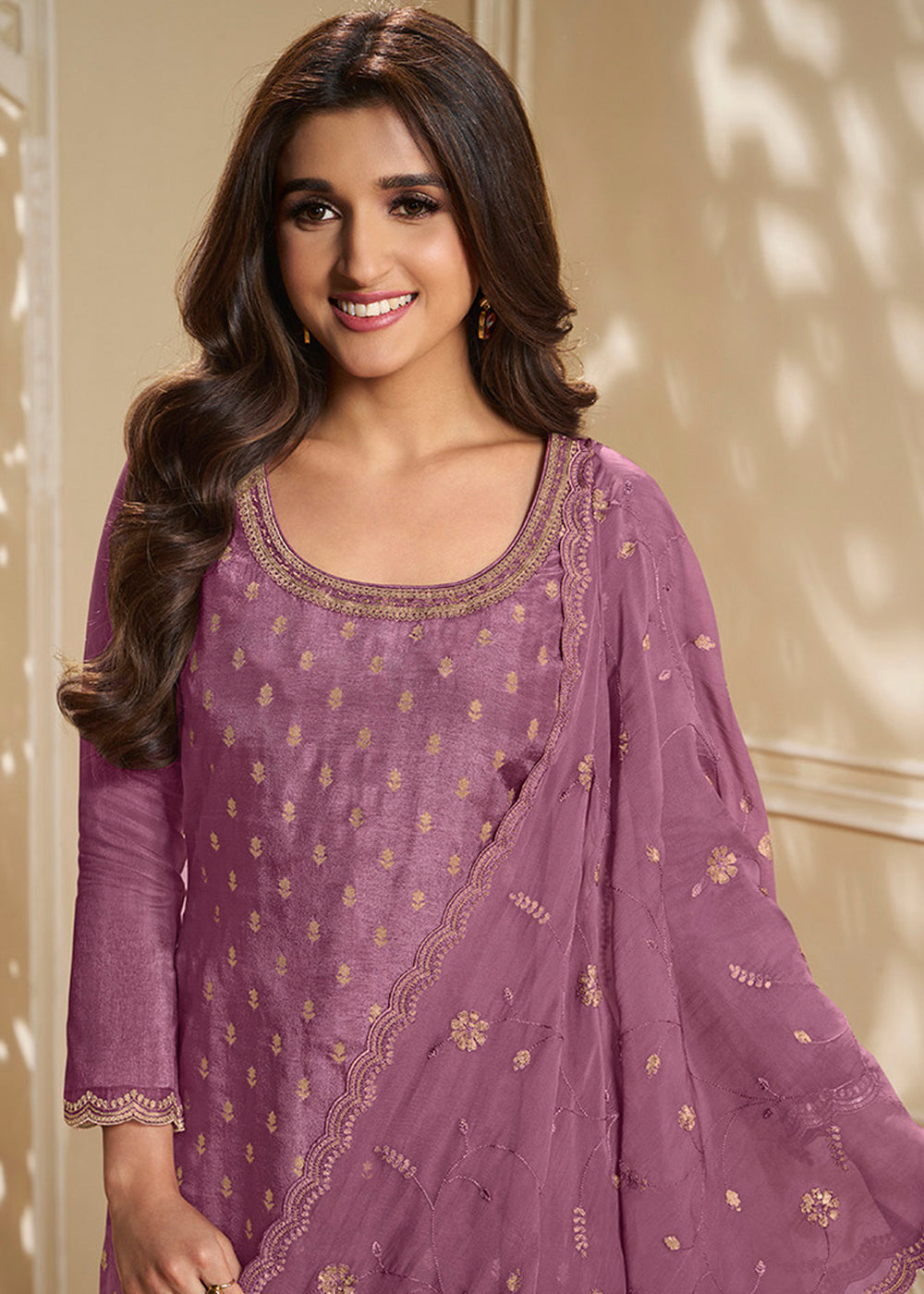 Light Plum Purple Jacquard Dola Silk Suit Embellished with Embroidered Neckline