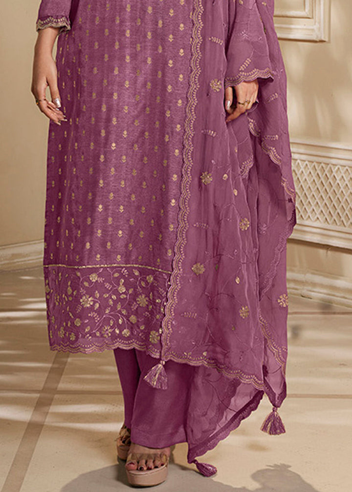 Light Plum Purple Jacquard Dola Silk Suit Embellished with Embroidered Neckline