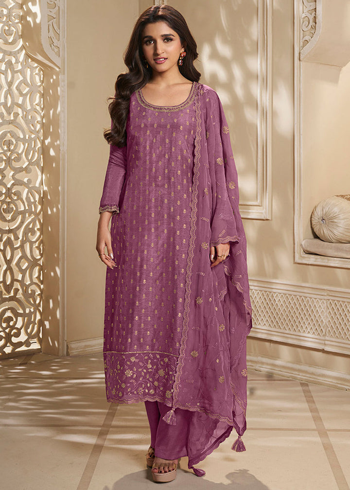 Light Plum Purple Jacquard Dola Silk Suit Embellished with Embroidered Neckline