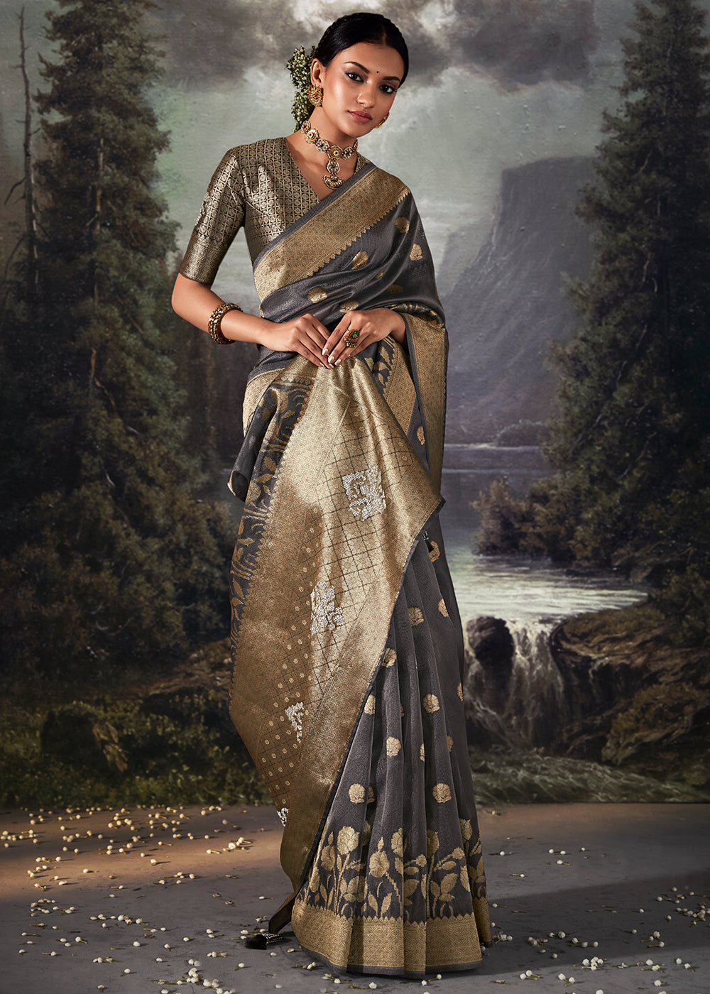 Anchor Grey Zari Embellished Banarasi Organza Silk Saree