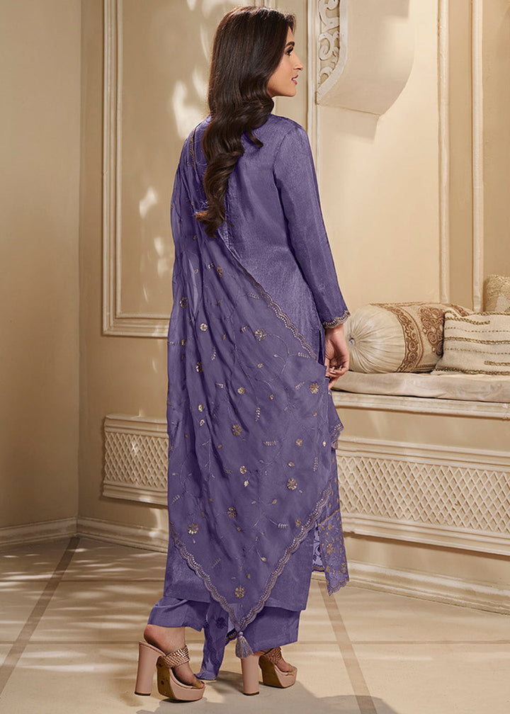 Royal Purple Jacquard Dola Silk Suit Embellished with Embroidered Neckline