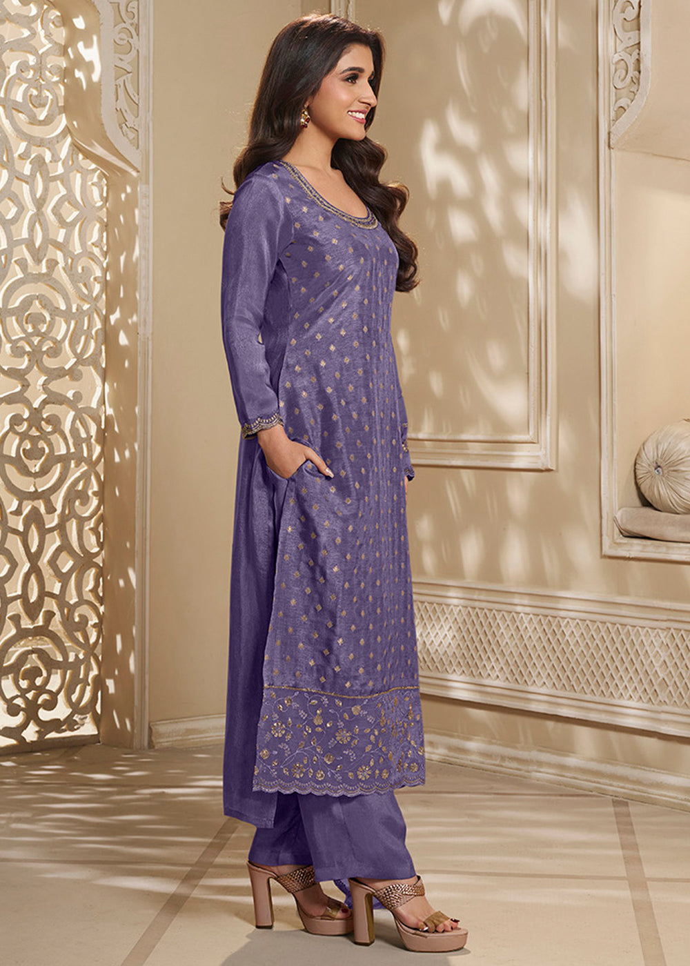 Royal Purple Jacquard Dola Silk Suit Embellished with Embroidered Neckline