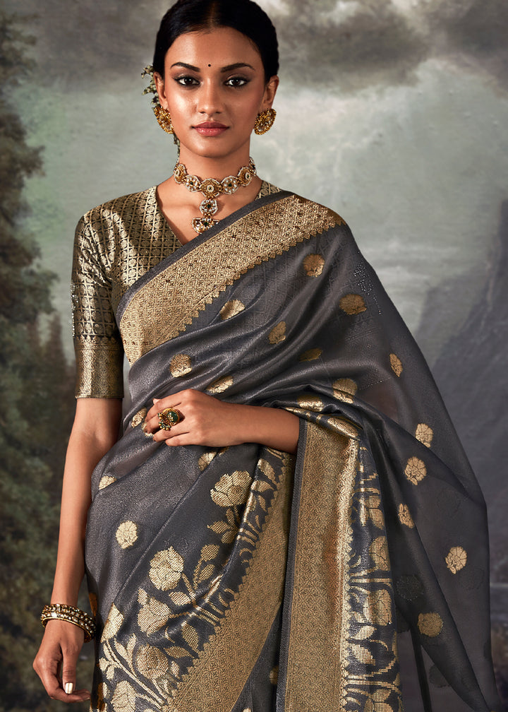 Anchor Grey Zari Embellished Banarasi Organza Silk Saree