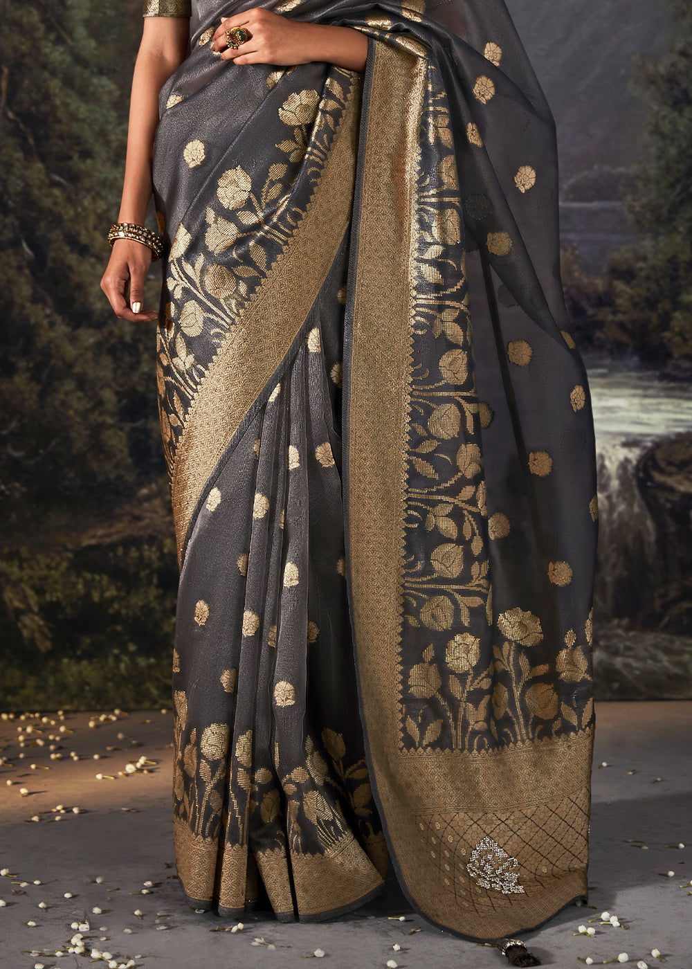 Anchor Grey Zari Embellished Banarasi Organza Silk Saree