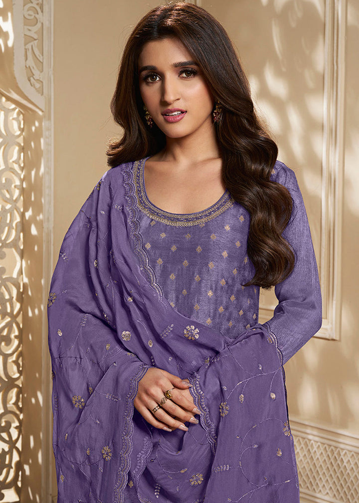 Royal Purple Jacquard Dola Silk Suit Embellished with Embroidered Neckline