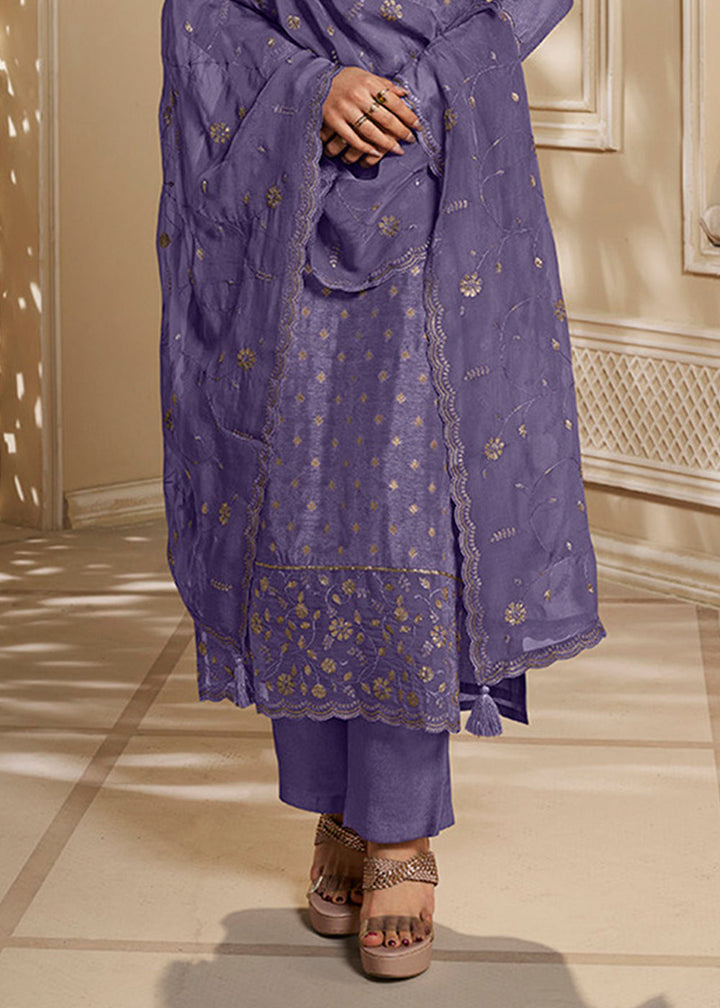 Royal Purple Jacquard Dola Silk Suit Embellished with Embroidered Neckline