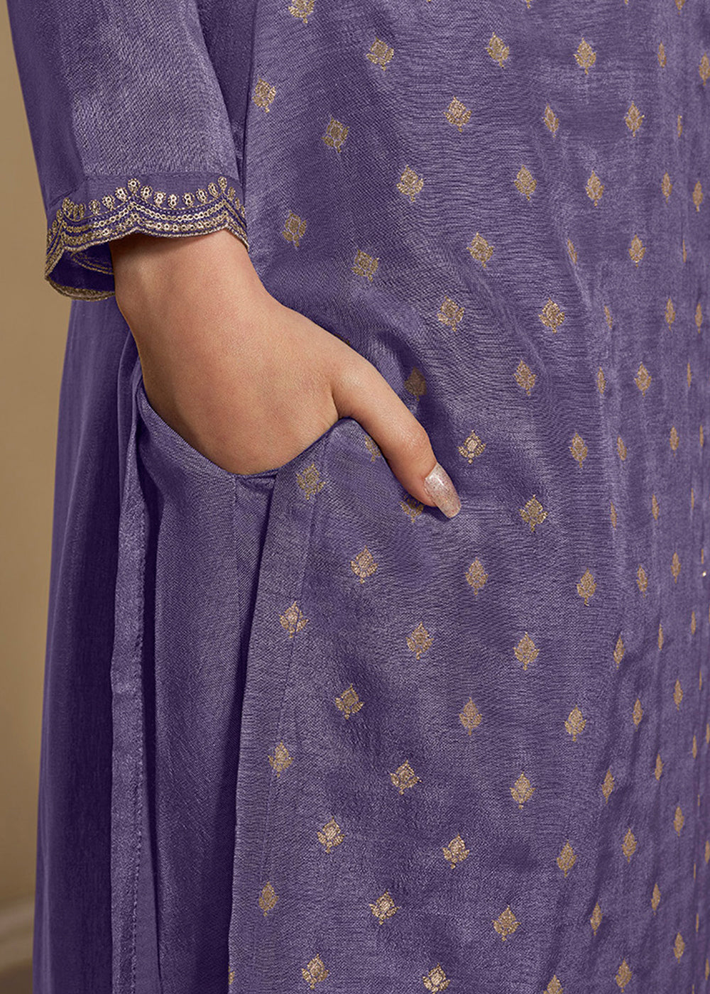 Royal Purple Jacquard Dola Silk Suit Embellished with Embroidered Neckline