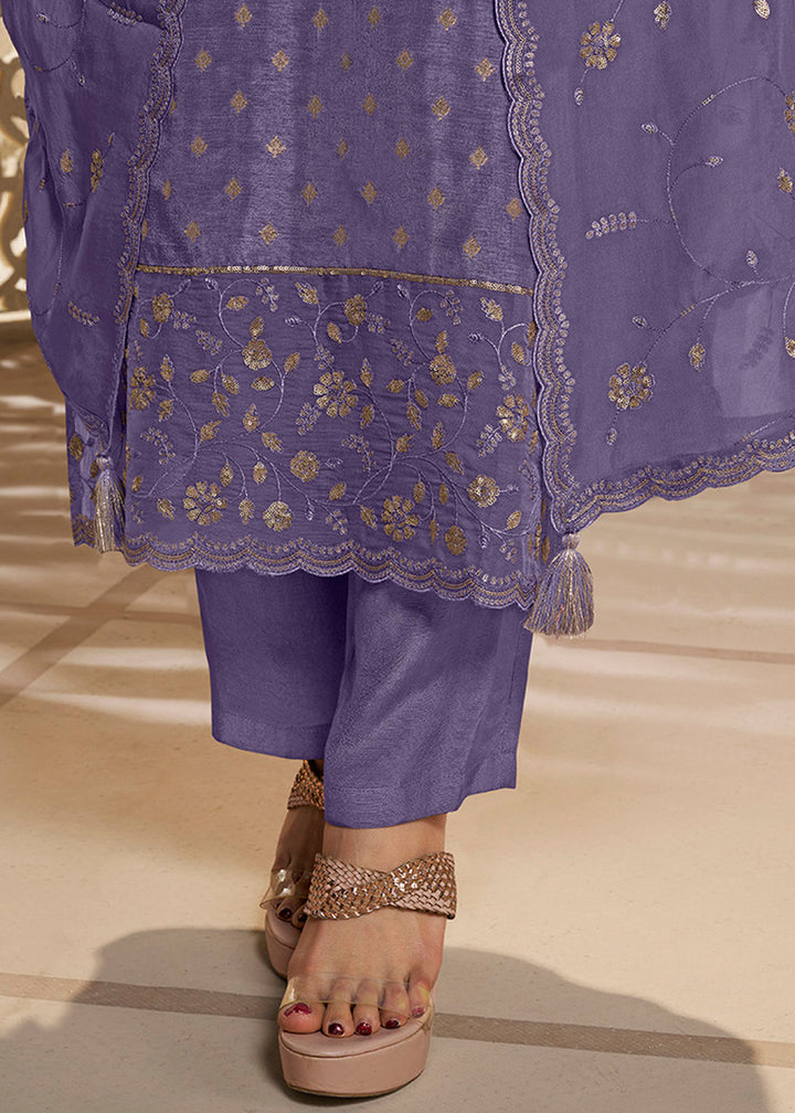 Royal Purple Jacquard Dola Silk Suit Embellished with Embroidered Neckline