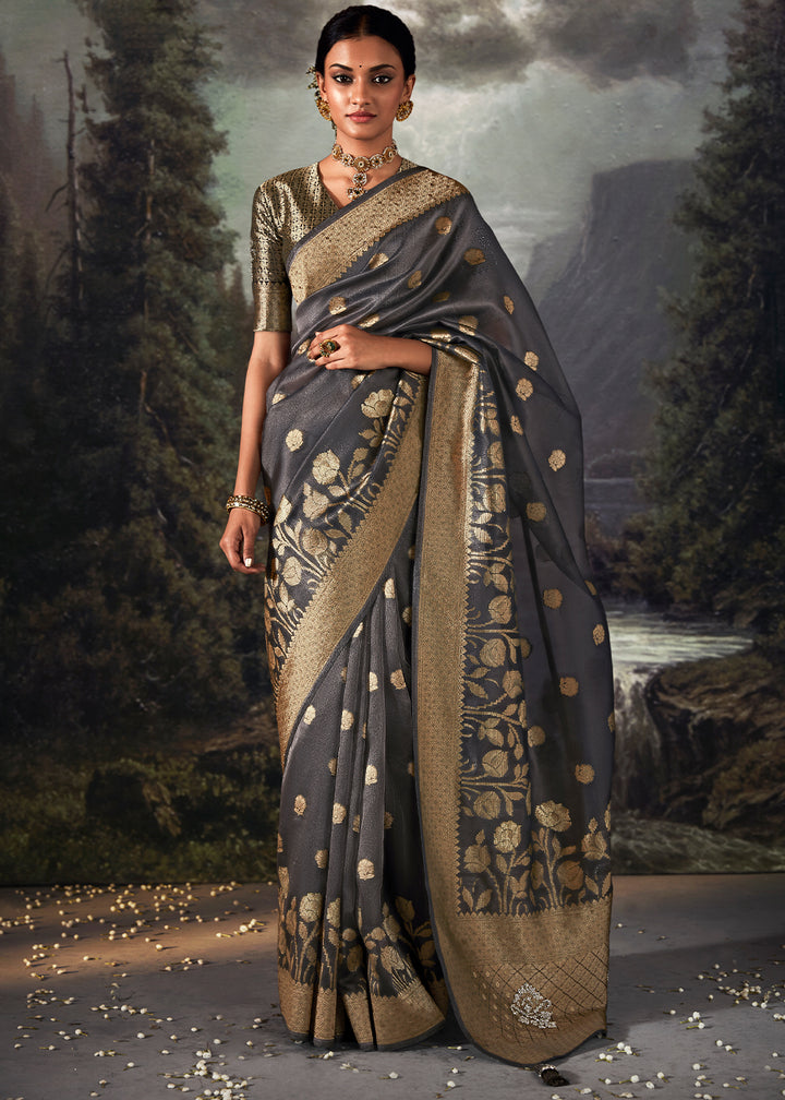 Anchor Grey Zari Embellished Banarasi Organza Silk Saree