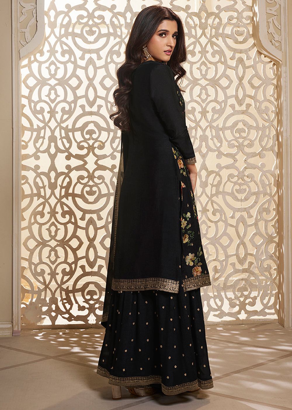 Midnight Black Jacquard Dola Silk Suit with Digital Floral Printed