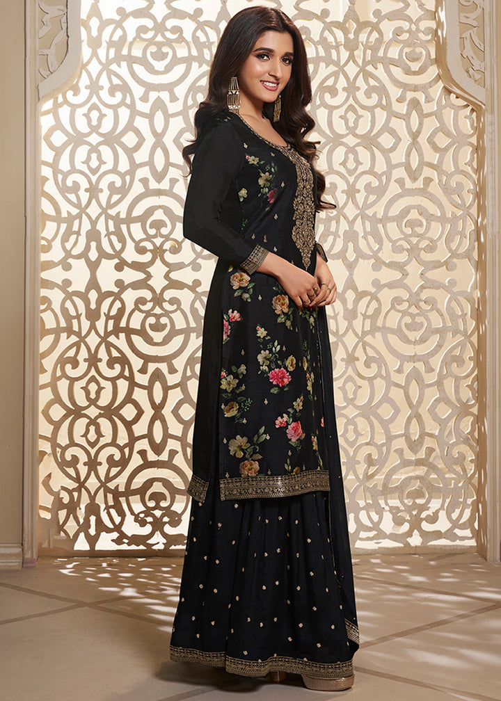 Midnight Black Jacquard Dola Silk Suit with Digital Floral Printed