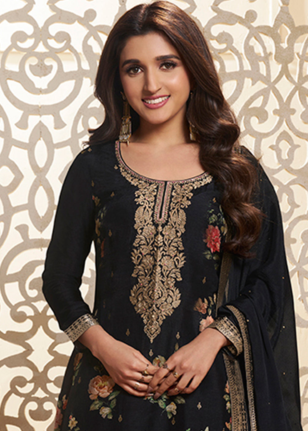 Midnight Black Jacquard Dola Silk Suit with Digital Floral Printed