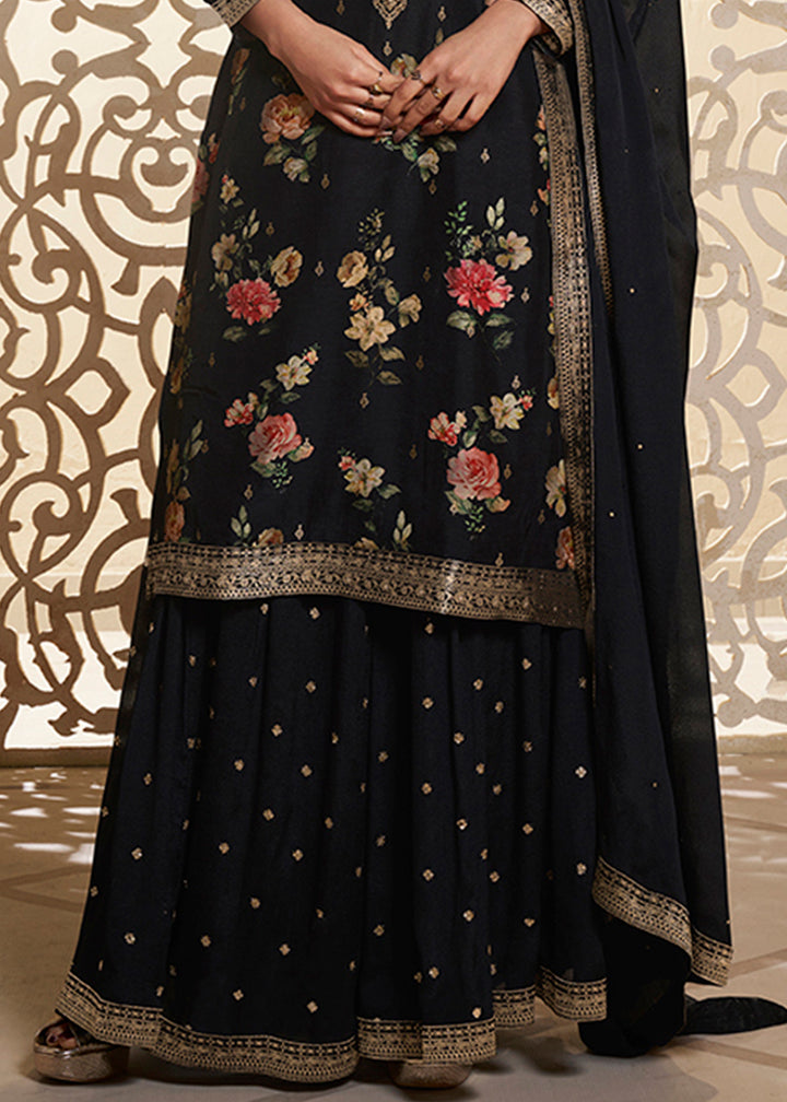 Midnight Black Jacquard Dola Silk Suit with Digital Floral Printed