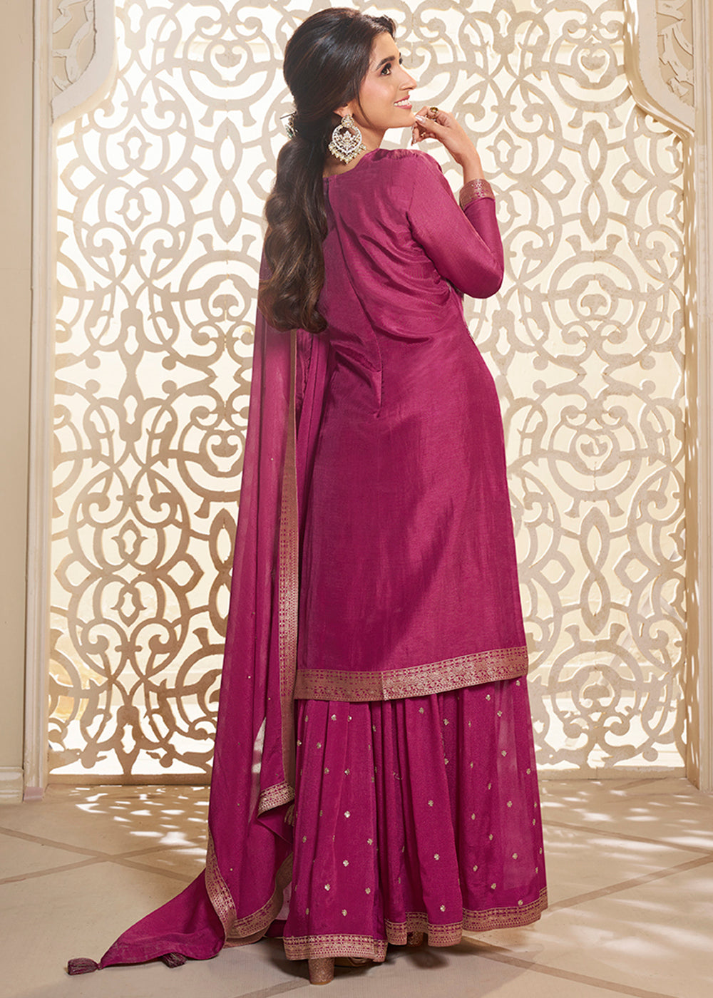 Fandango Purple Jacquard Dola Silk Suit with Digital Floral Printed