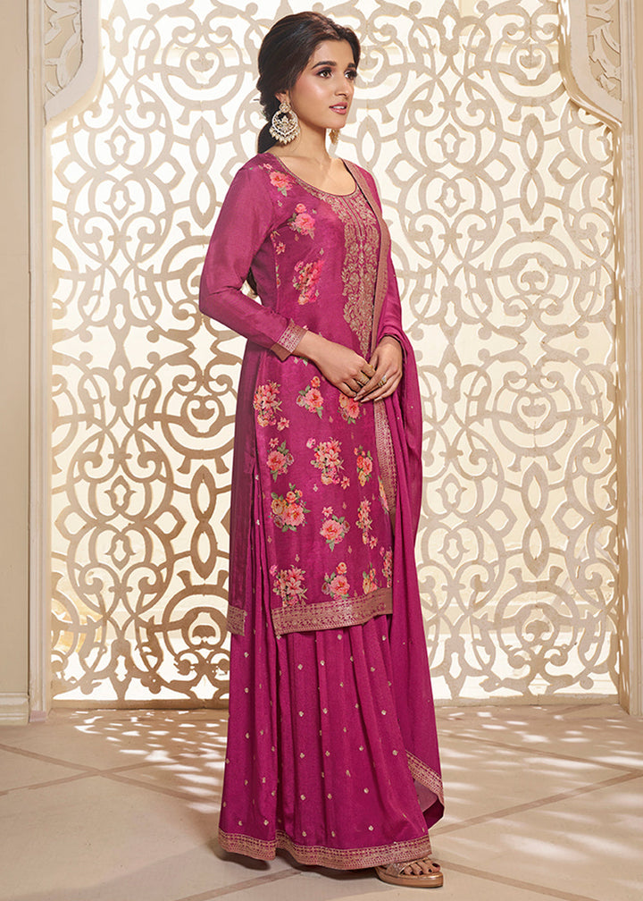 Fandango Purple Jacquard Dola Silk Suit with Digital Floral Printed