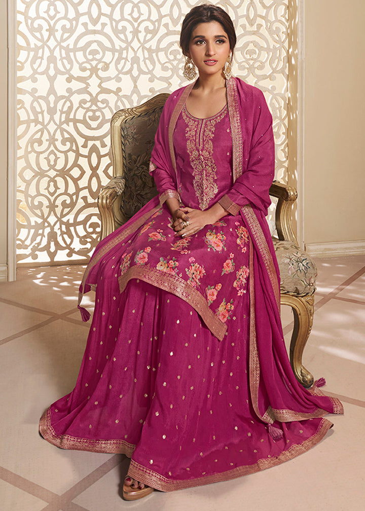 Fandango Purple Jacquard Dola Silk Suit with Digital Floral Printed