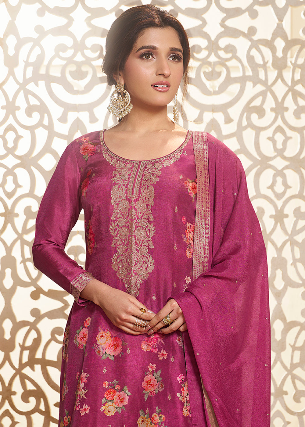 Fandango Purple Jacquard Dola Silk Suit with Digital Floral Printed