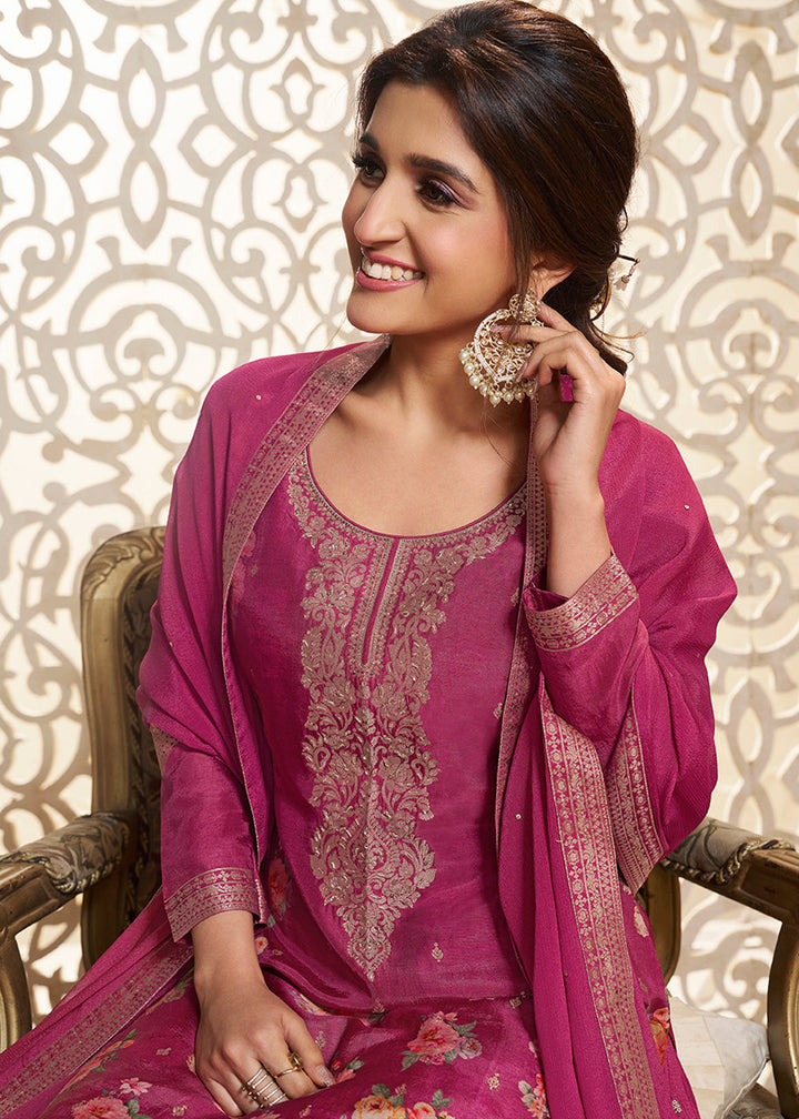 Fandango Purple Jacquard Dola Silk Suit with Digital Floral Printed