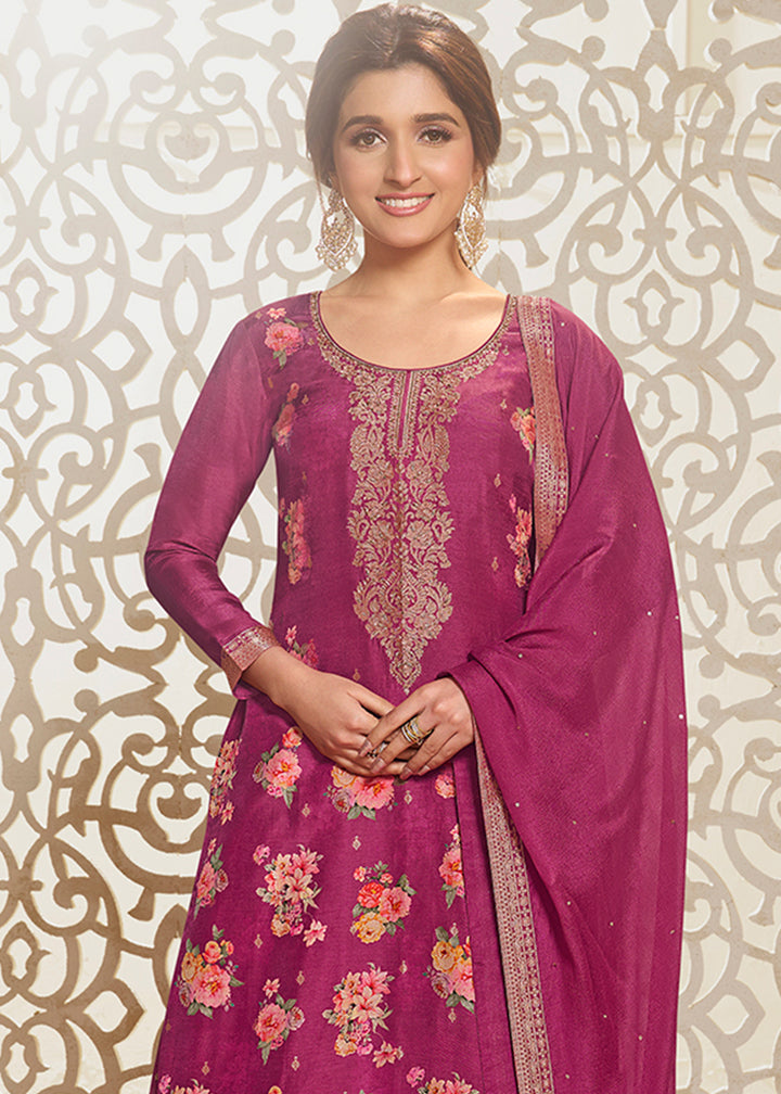 Fandango Purple Jacquard Dola Silk Suit with Digital Floral Printed