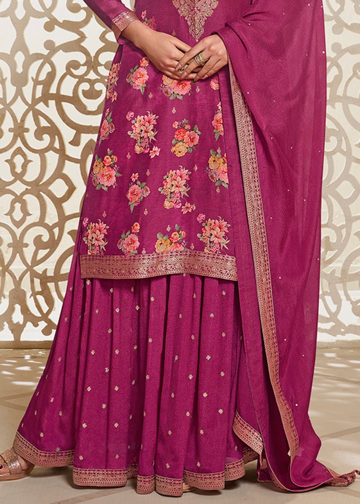 Fandango Purple Jacquard Dola Silk Suit with Digital Floral Printed