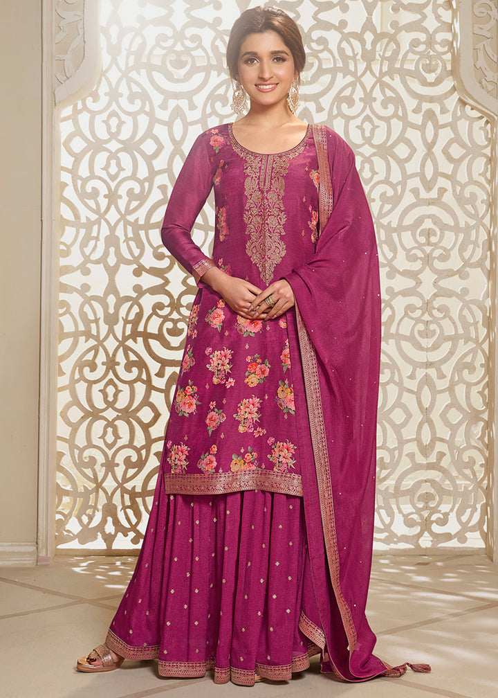 Fandango Purple Jacquard Dola Silk Suit with Digital Floral Printed