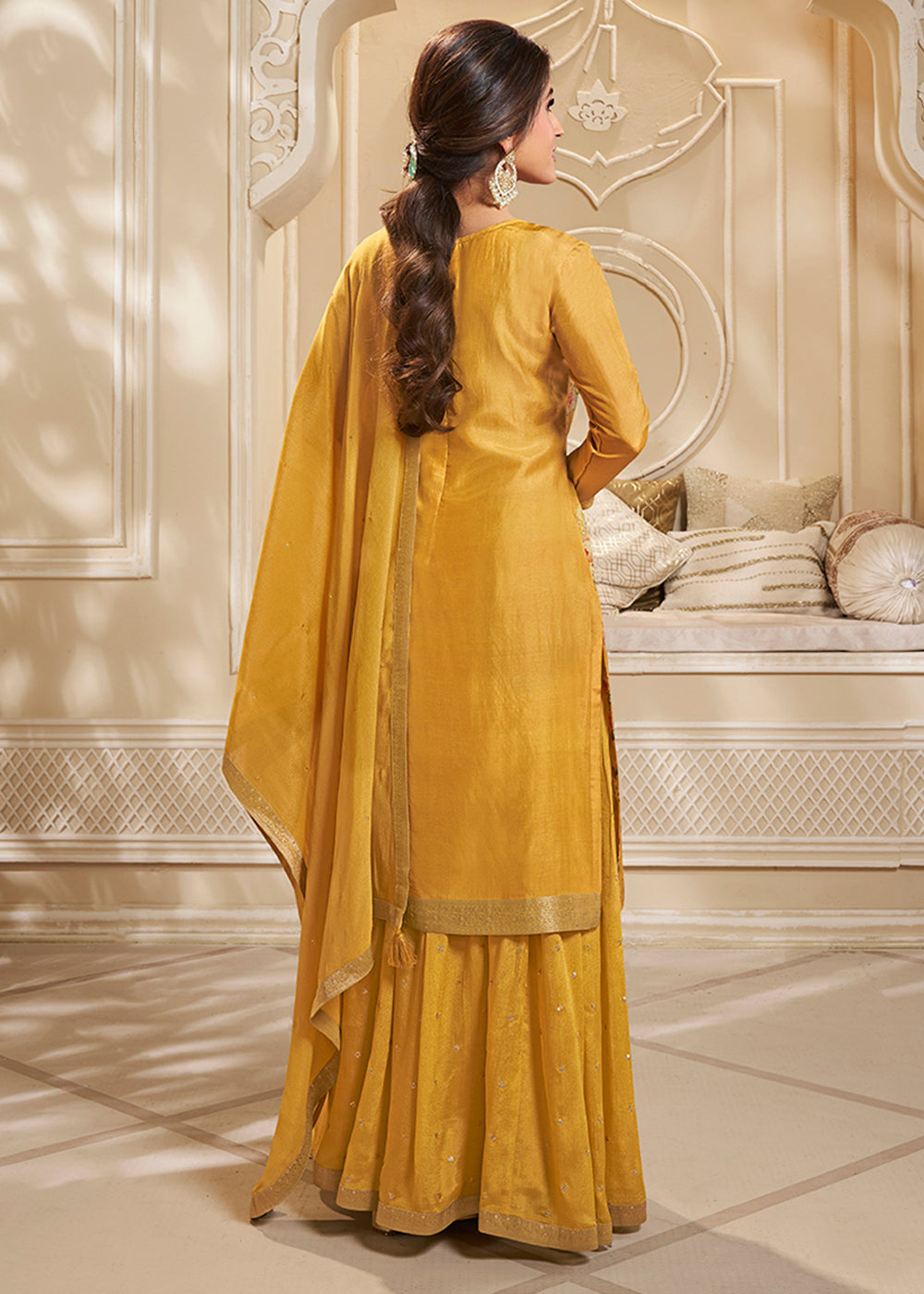 Canary Yellow Jacquard Dola Silk Suit with Digital Floral Printed