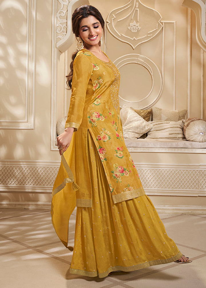 Canary Yellow Jacquard Dola Silk Suit with Digital Floral Printed