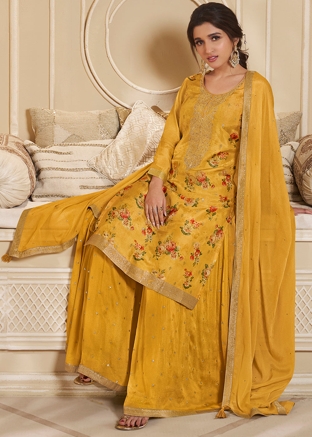 Canary Yellow Jacquard Dola Silk Suit with Digital Floral Printed