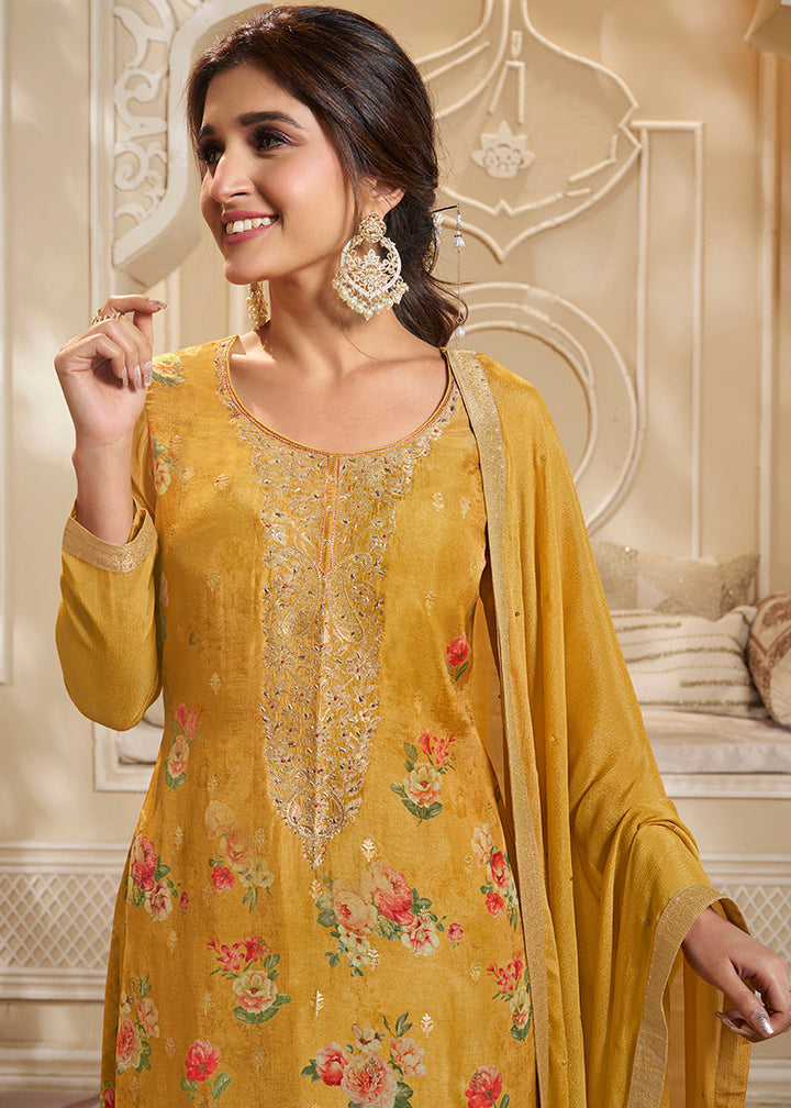 Canary Yellow Jacquard Dola Silk Suit with Digital Floral Printed