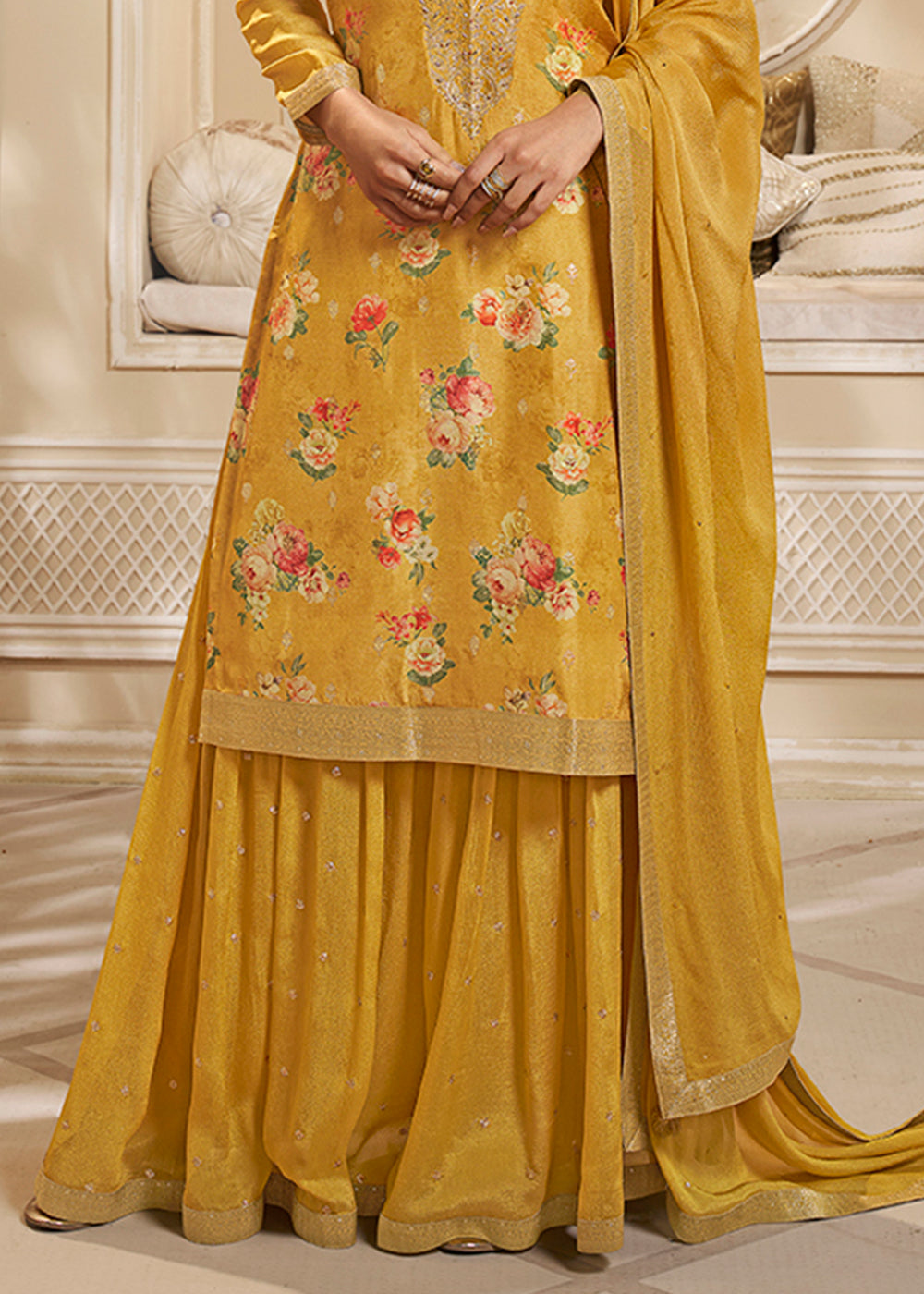 Canary Yellow Jacquard Dola Silk Suit with Digital Floral Printed