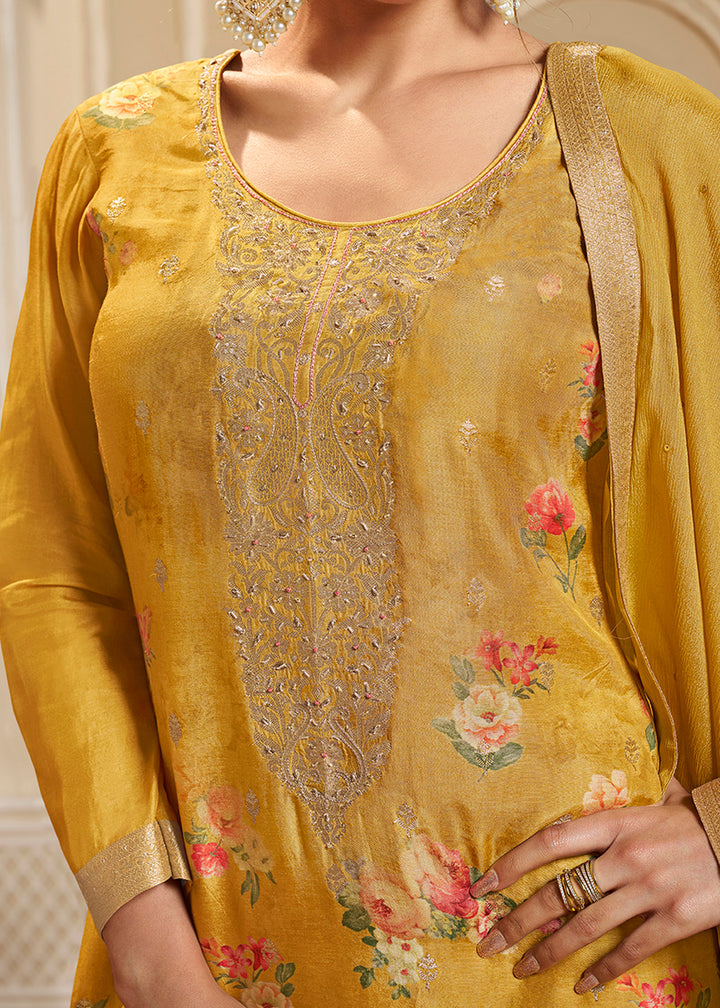 Canary Yellow Jacquard Dola Silk Suit with Digital Floral Printed